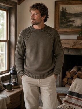 Woolrich Cotton Ramie Knit Sweater Dark Shame Green Men Large Cabin Grandpacore